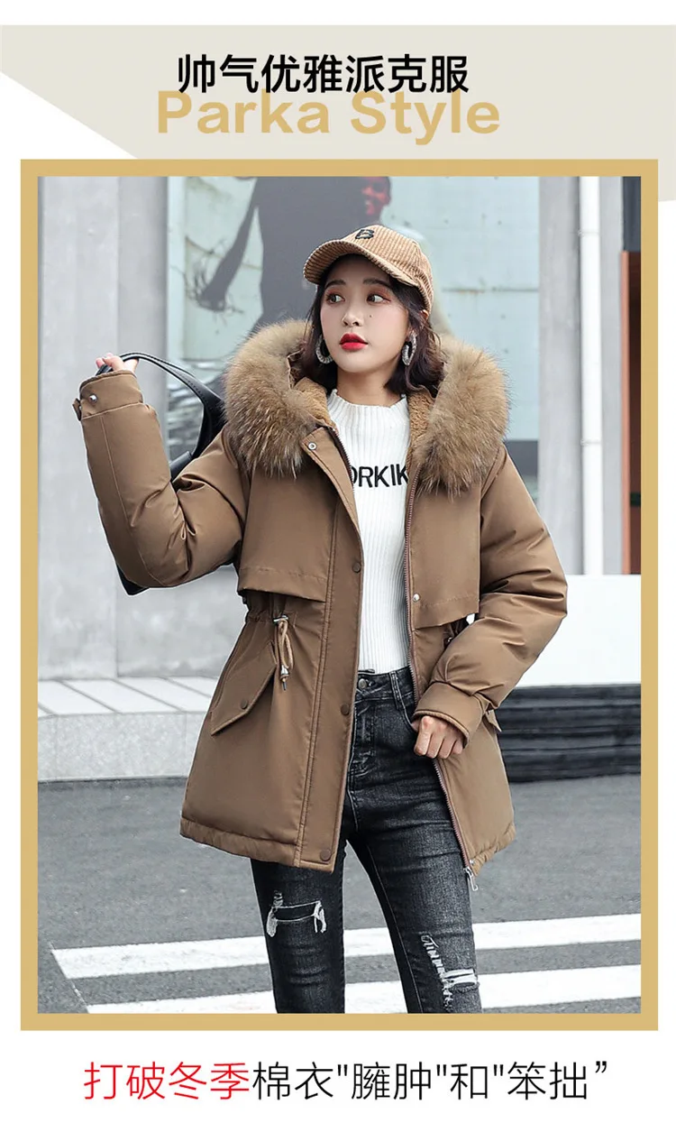 Description Picture 3 of itemWomen's cotton jacket 2023 winter casual mid length women's warm and loose fitting large wool collar cotton jacket