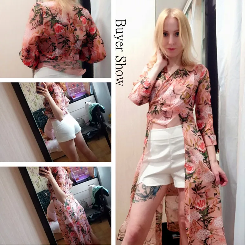 Description Picture 4 of itemLY VAREY LIN 2022 New Autumn Women Casual Two Piece Set Long Sleeve V Neck Asymmetrical Chiffon Shirt White Shorts Ladies Sets