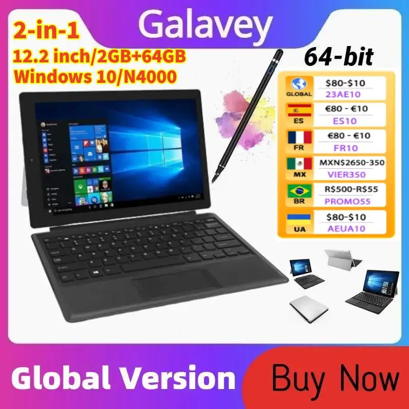 2023 Cheapest 64-bit Tablets 12.2 Inch 2GB+64GB 2-in-1 Windows 10 With Detachable Keyboard W122 N4000 CPU Tablet HDMI-Compatible
