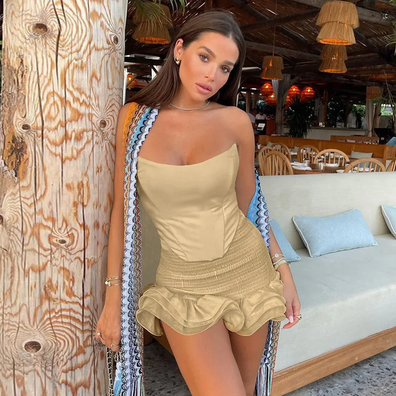 2023 Spring/Summer Sexy Waist Tie Bra Top with Ruffle Edge Half Skirt Pleated Set Solid Color Ruffle Edge Wrap Hip Skirt