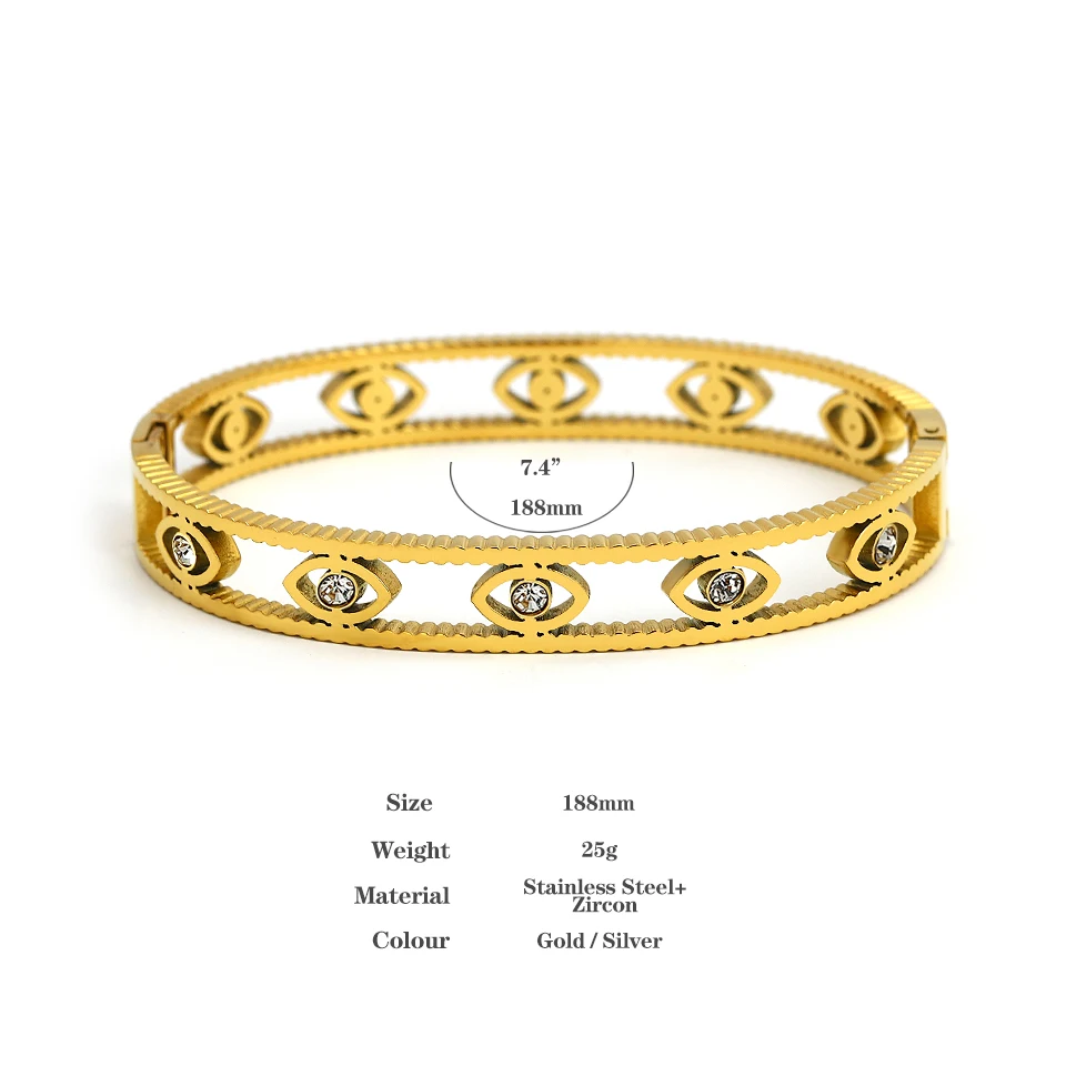 Description Picture 3 of itemAENSOA Boho Hollow Evil Eye Stainless Steel Gold Color Bangles Bracelets for Women Retro Bohemia Punk Bracelet Wrist Jewelry