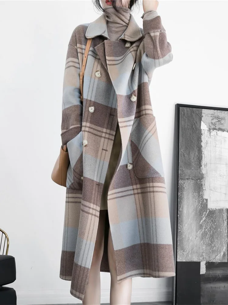 Description Picture 5 of itemYitimoky Plaid Coats for Women Autumn Winter 2023 Vintage Long Sleeve Double Breasted Wool Coat Casual Turn Down Collar Jackets