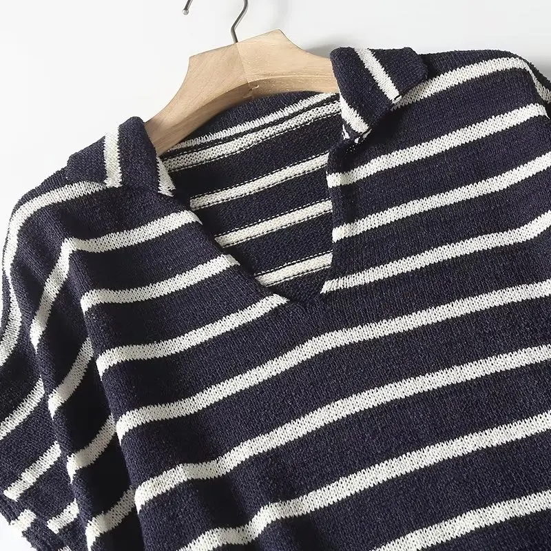 Description Picture 4 of itemWomen 2023 New Chic Fashion Polo shirt Neck Loose Casual stripes Midi Dress Vintage Short Sleeve Female Dresses robe Mujer