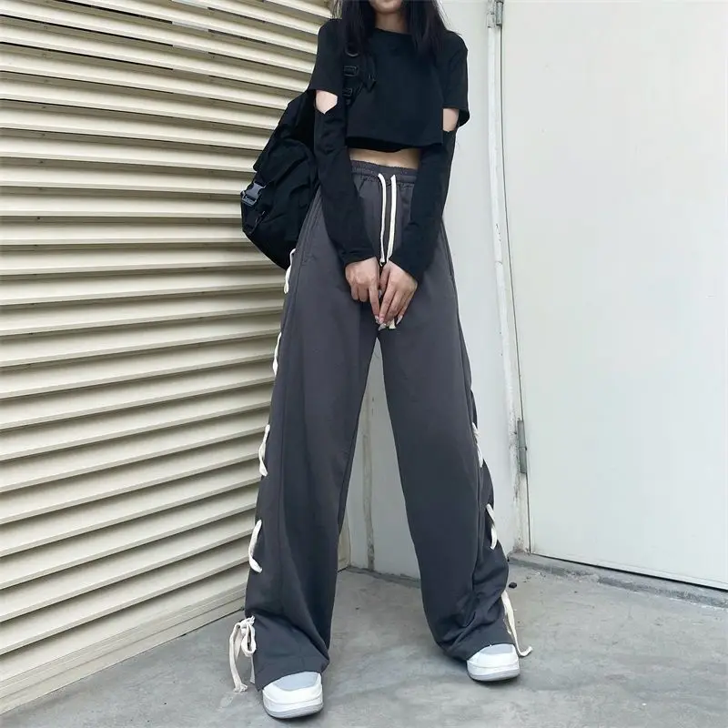 Description Picture 3 of itemY2k Vintage Women Grey Pants Korean New Fashion Streetwear Elastic Waist Loose Casual Harajuku Sports Straight Wide Leg Trousers
