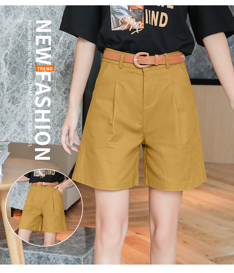 Description Picture 2 of item2023 Summer Korean Simple Harajuku Fashion Wide Leg Shorts Loose High Waist Lady Short Pants With Belt Casual Solid Color Womens