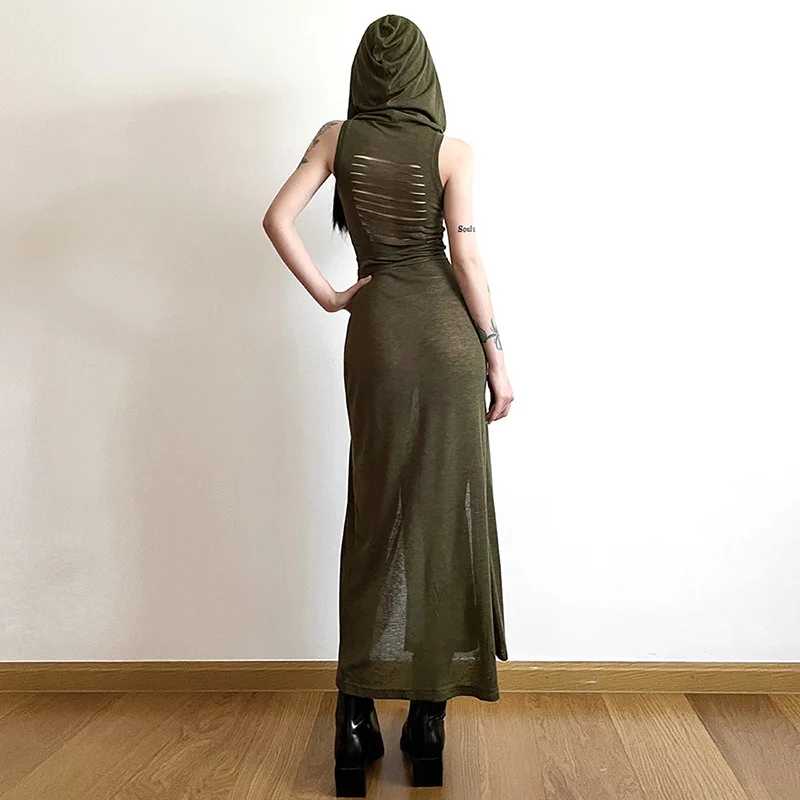 Gothic Cyber Desert Walker Hooded Dresses Darkwear Y2k Punk Grunge Hollow Out Midi Dress Women Sexy Split Side Solid Streetwear