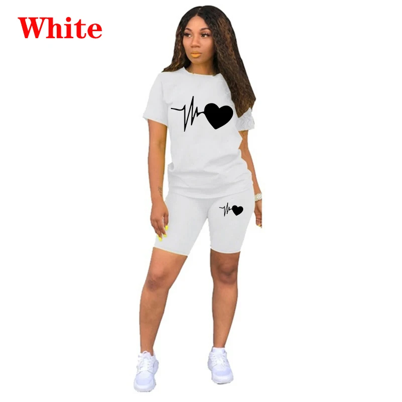 Summer New Women Fashion Solid Color Print 2 Piece Sets Casual Sports Suit Short Sleeve T-shirt + Shorts S-3XL