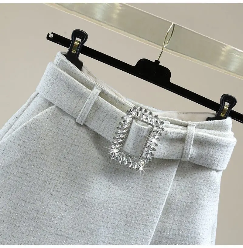 Description Picture 3 of itemAutumn Winter Bright Rhinestones Tweed Woolen Skirt Shorts Women High Waist Wide Leg Irregular Glitter Diamonds Belt Short Femme