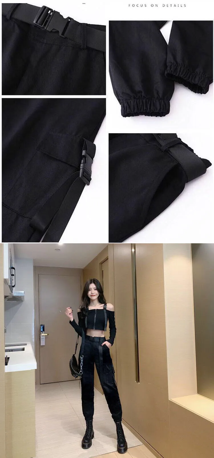 Description Picture 4 of itemEACHIN Fashion Women Self Belted Elastic Waist Cargo Pants Female Loose Black Streetwear Pants Casual Korean Style Sweatpants