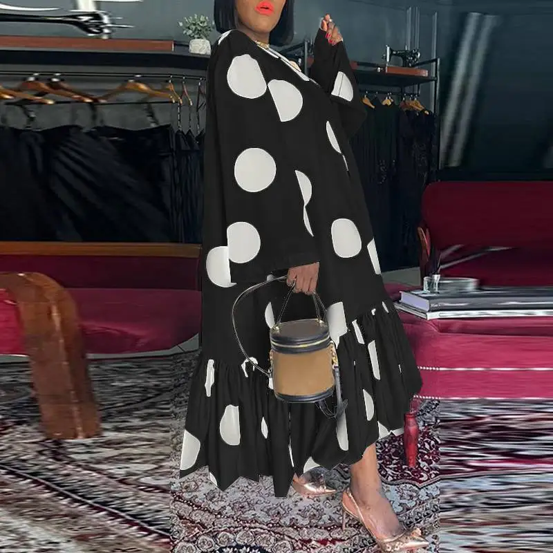 Description Picture 3 of itemWomen Sexy Polka Dot Printed Dress 2023 VONDA Autumn Dress Casual Loose Long Sleeve Party Midi Sundress Vintage Ruffled Vestidos