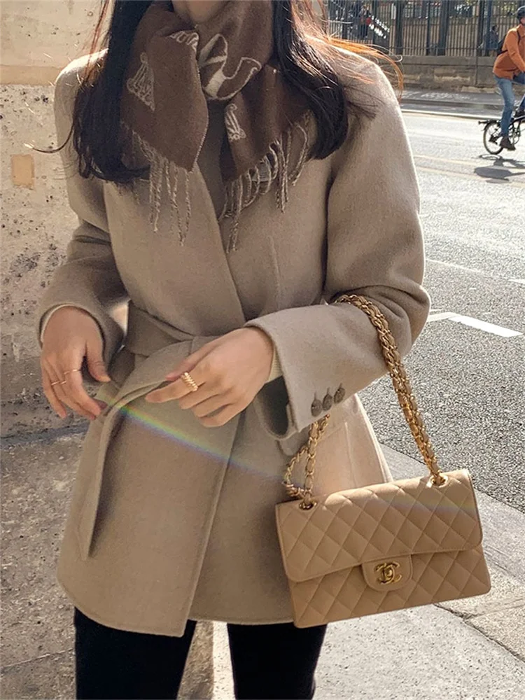 Description Picture 3 of itemSyiwidii French Vintage Wool Jacket for Women Fall Winter 2203 New Elegant Long Sleeve V Neck Bandage Chic Warm Casual Coats