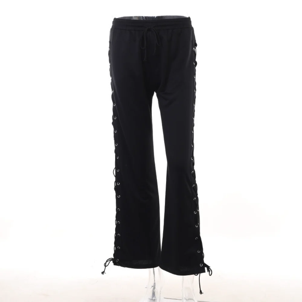 Description Picture 6 of itemWomen Knitted Slit Hollow Sweatpants Solid Tie High Waist Loose Sexy Hollow Out Trousers for Ladies Casual Streetwear Pants