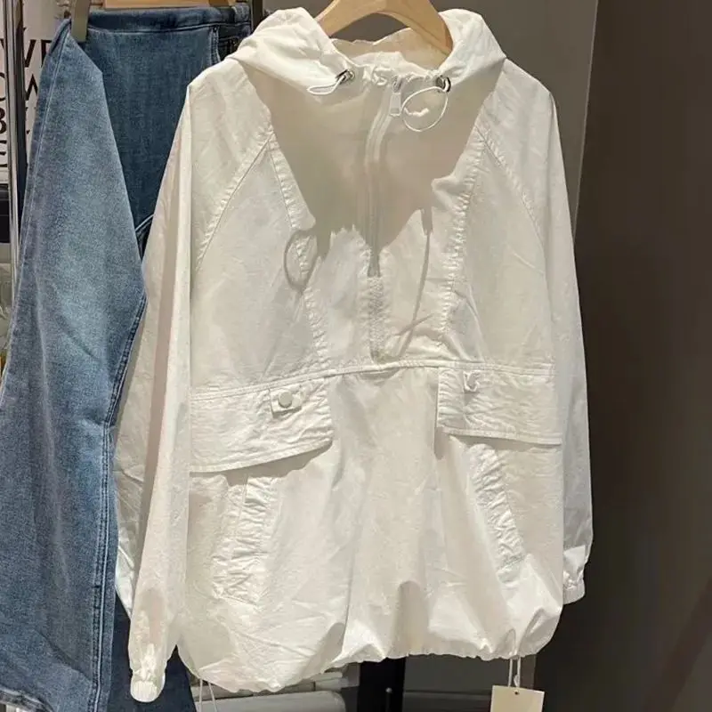 Description Picture 6 of itemWomen Zipper Jacket Fashion Yellow Summer Hooded Top Thin Coat 2023 New Korean Loose Sun Screen Clothing Hoodies Outwear Female