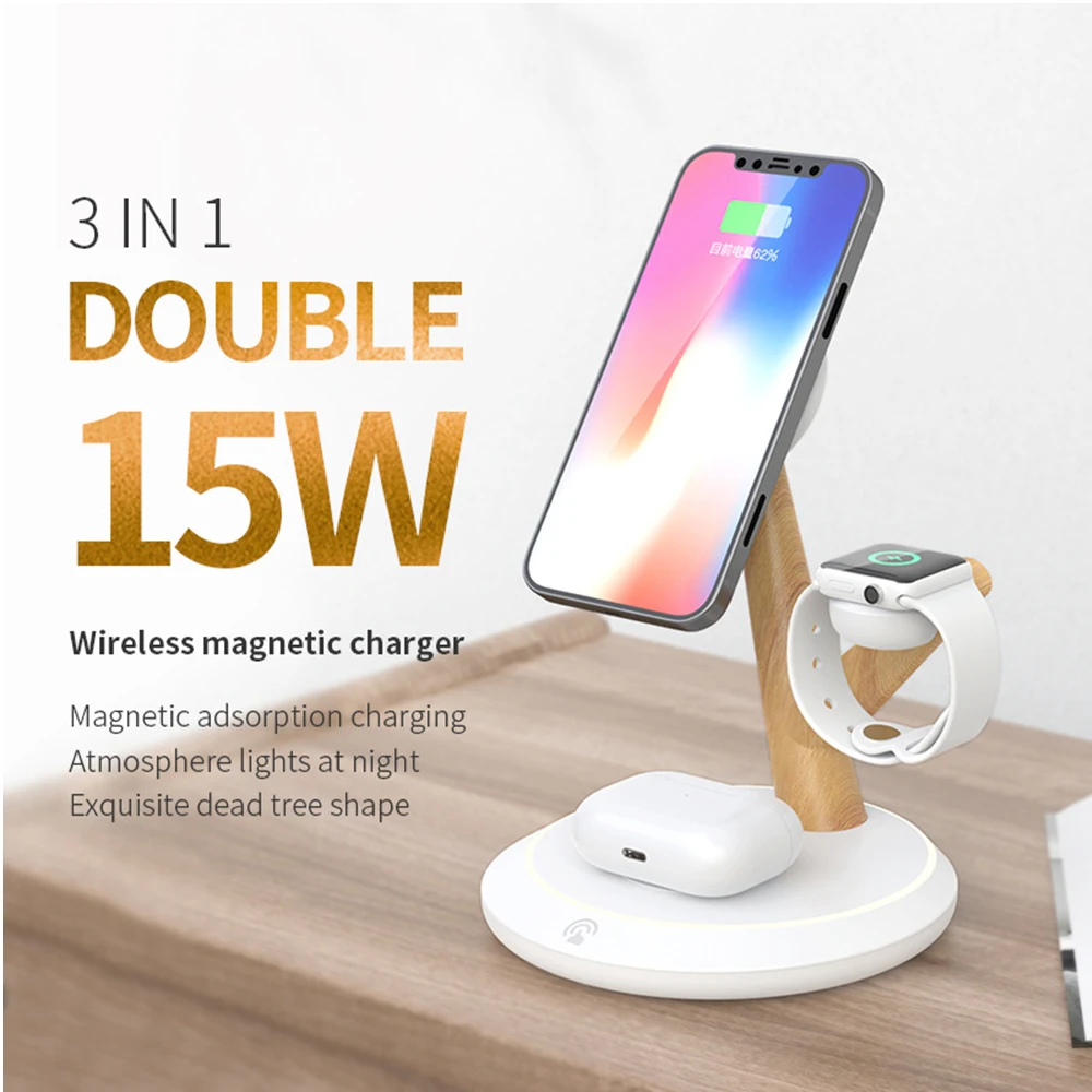 Magnetic Wireless Charger 4 in 1 Stand for iPhone 15 14 Pro 13 12 Wireless Charging Station for Apple Watch 9 8 7 6/Airpods 3