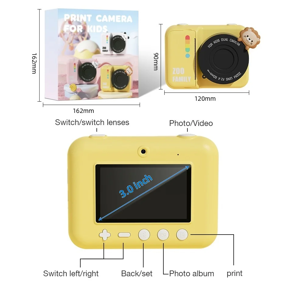 Kids Instant Camera Print Camera For Children 3.0 Inch Screen 1080P Video Photo Digital Camera Christmas Gift For Child Girl Boy