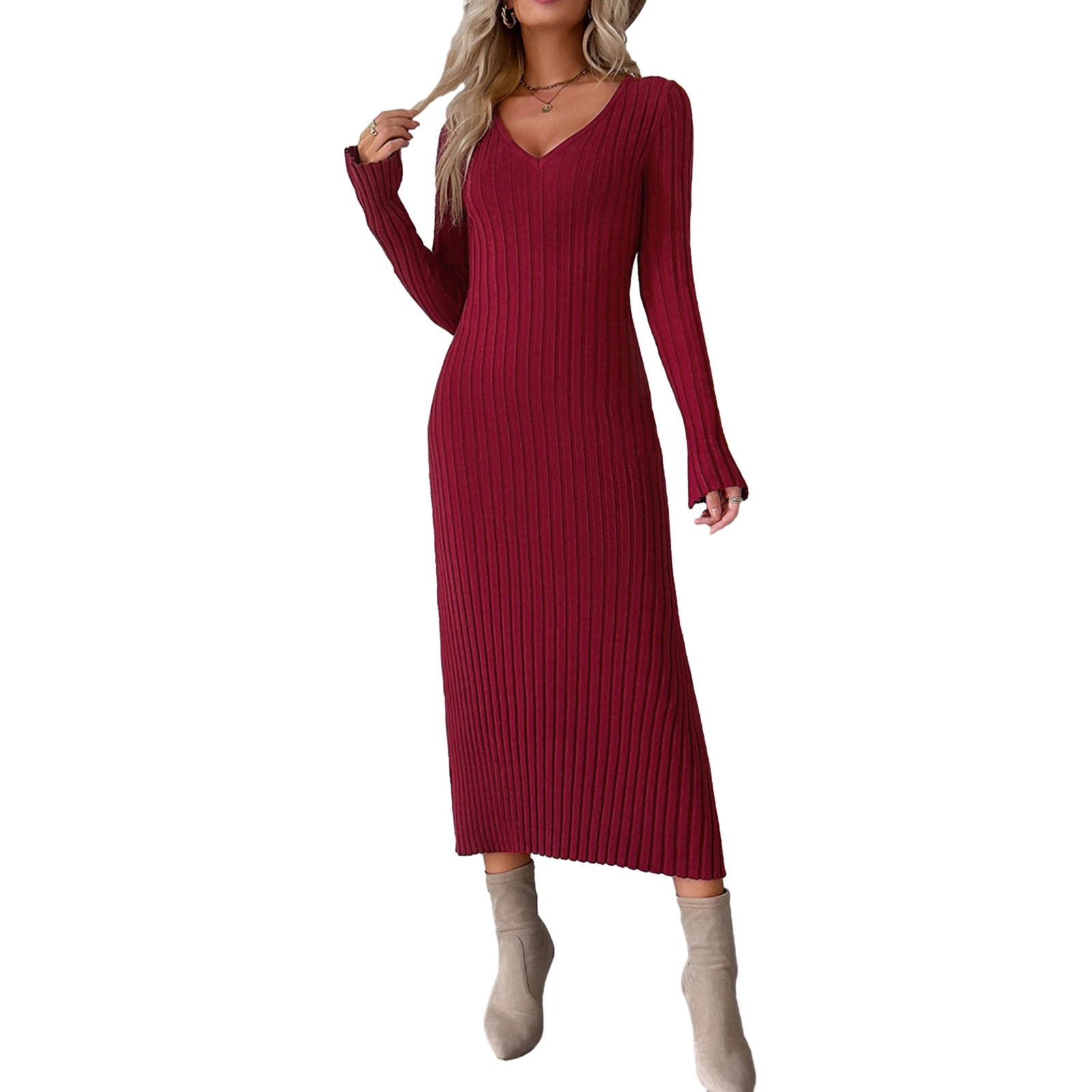 Description Picture 6 of itemSweater Dress Spicy Girl Women Tunic Long Dress V Neck Solid Color Long Sleeve Dress Elegant Style Slim Fit Clubwear Clothing
