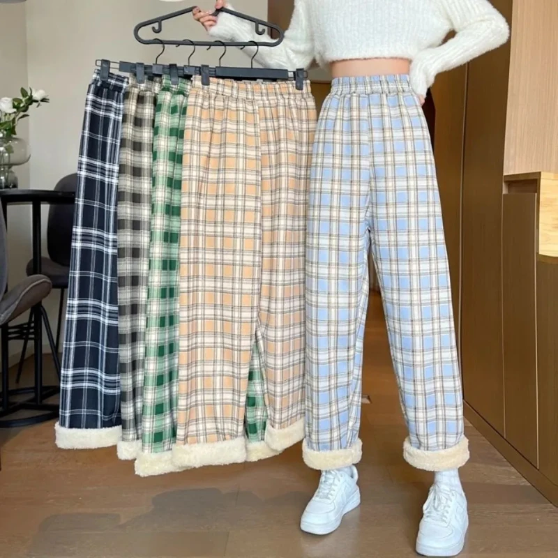 Description Picture 3 of itemMEXZT Fashion Warm Plush Pants Thick Plaid Women Winter Casual Loose Wide Leg Trousers Korean Streetwear Straight Student New