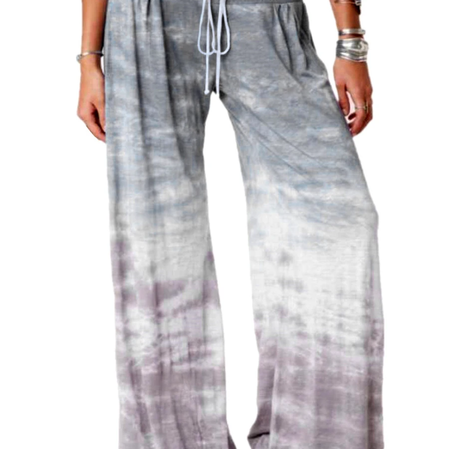 Description Picture 2 of item2022 Summer Women Boho Beach Style Print trousers Comfortable Pajama Pants Tie-Dye Printed Drawstring Lounge Wide Leg Pants