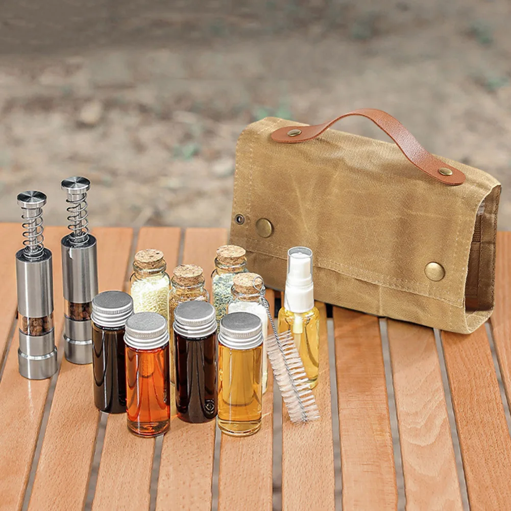 Description Picture 3 of item12-1pcs Camping Seasoning Bottle Set with Grinder Portable BBQ Spice Bottle Condiment Jar Holder Storage Bag Camping Supplies