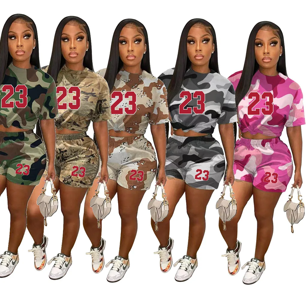 Description Picture 3 of item2023 Top Quality Young Casual Camouflage Free Nature Tracksuit Daily Short Sleeve + Short Pants Slim Women 2 Piece Set