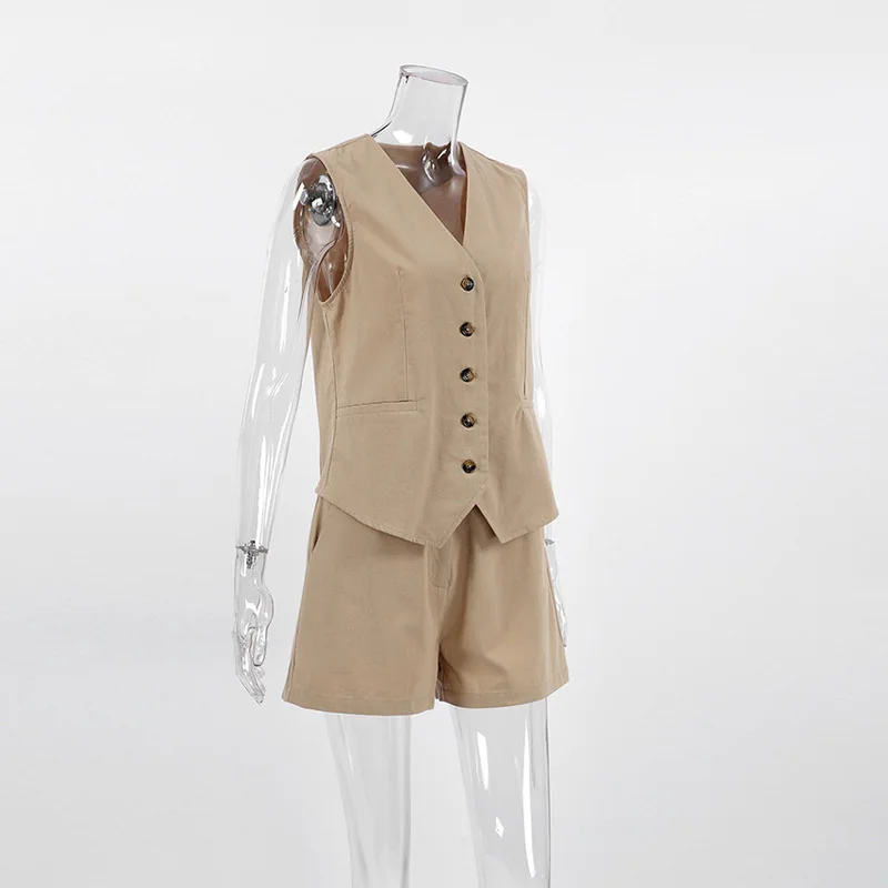 Description Picture 5 of item2023 Spring Summer Women Solid Khaki Office Shorts Set Outfits V-neck 2 Two Piece Matching Sets For Women