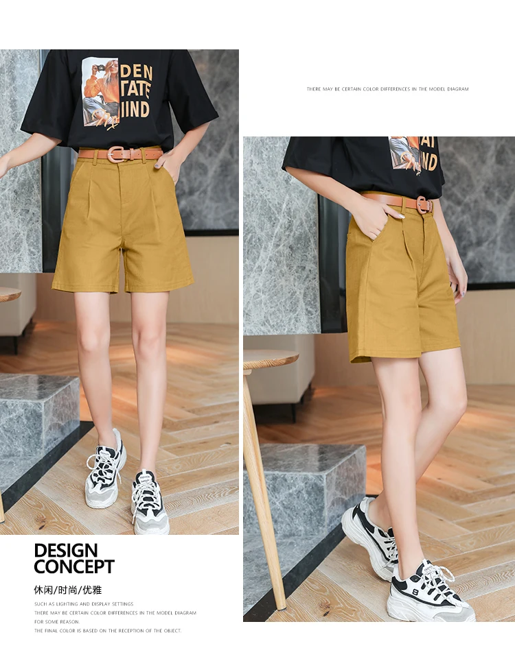 Description Picture 4 of item2023 Summer Korean Simple Harajuku Fashion Wide Leg Shorts Loose High Waist Lady Short Pants With Belt Casual Solid Color Womens