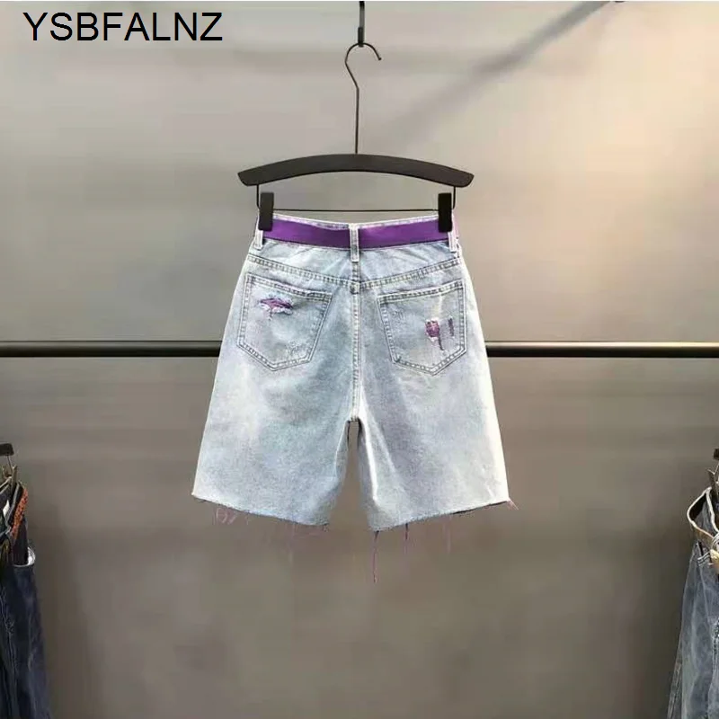 Summer Women New Trend Green Color Contrast Jeans Short Pants Lady Fashion Thin High-waist Denim Shorts Straight Streetwear Pink