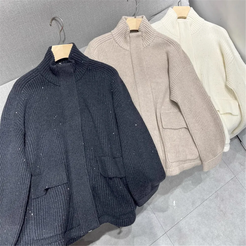 Description Picture 3 of itemB*C Women's Sequined Cashmere Knitted Jacket Casual Stand Collar Zipper Cardigan Top's 2023 New