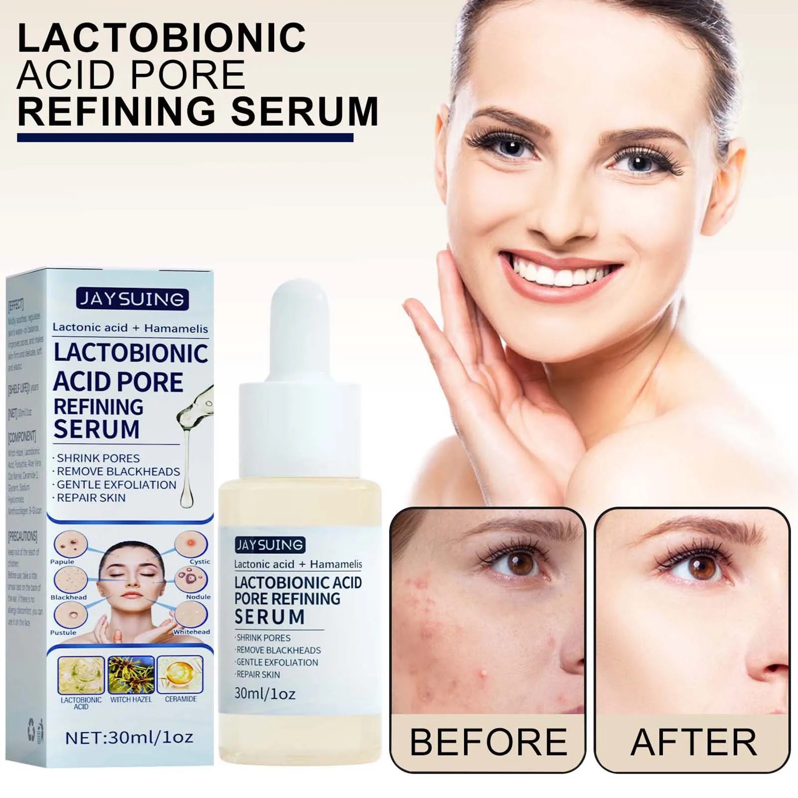 Description Picture 3 of itemLactobionic Acid Shrink Pore Essence Hyaluronic Acid Firming Brighten Moisturizing Nourish Essence Pore Shrink Face Serum 30ml