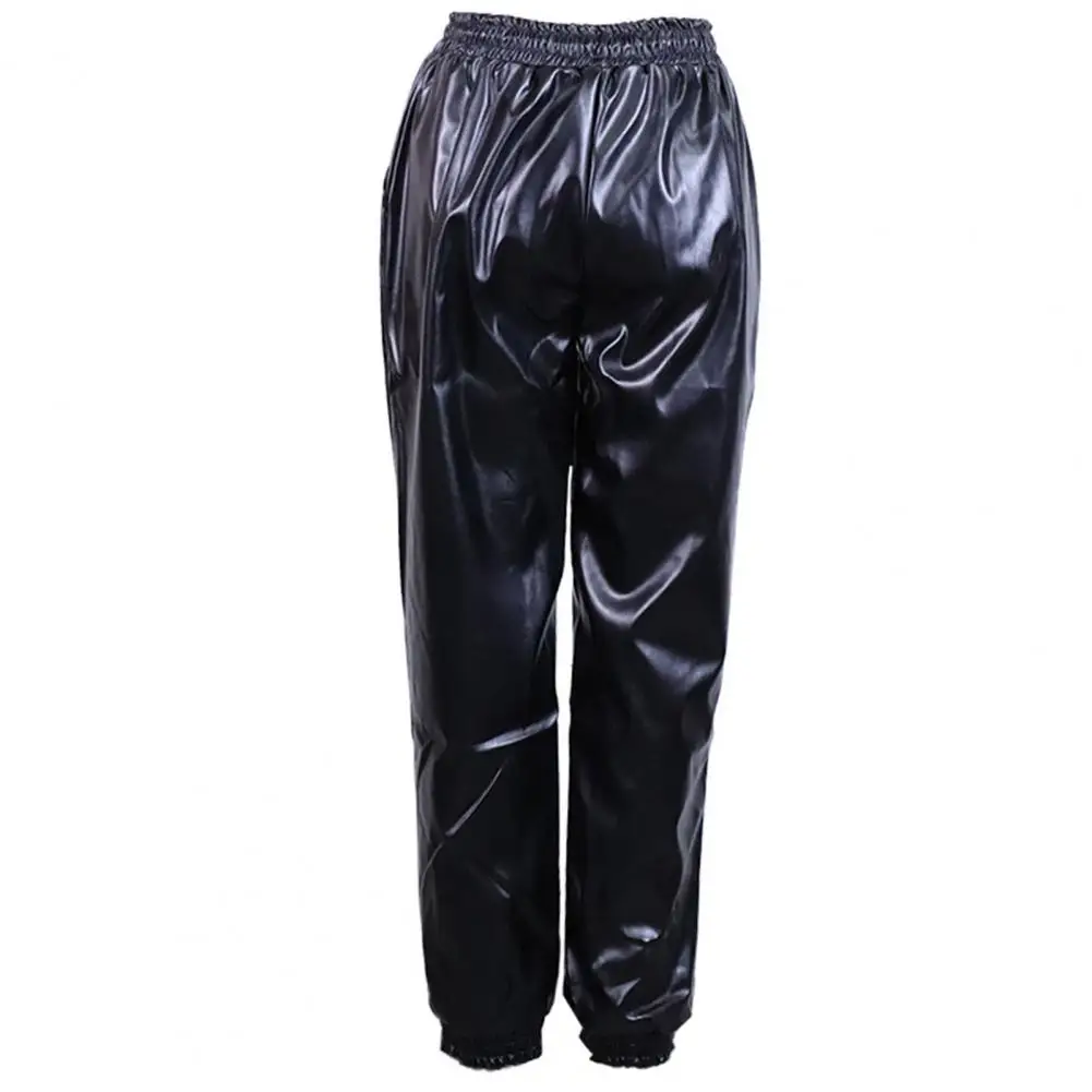 High Waist Drawstring Slant Pockets Faux Leather Harem Pants Woman Loose Fit Elastic Waist Simple Casual Trousers Streetwear