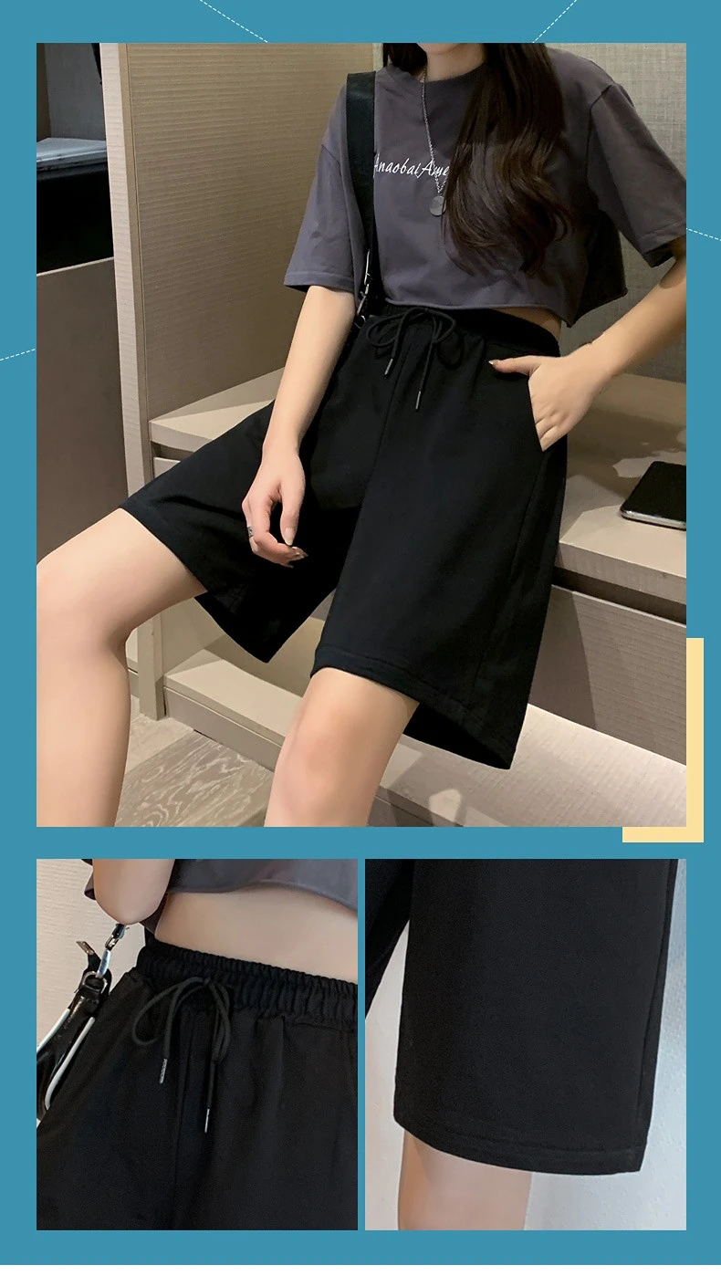 Summer 2023 Women's Cotton Shorts Solid Wide High Waist Above Knee Loose Shorts Women Classic Oversize Black Shorts for Women