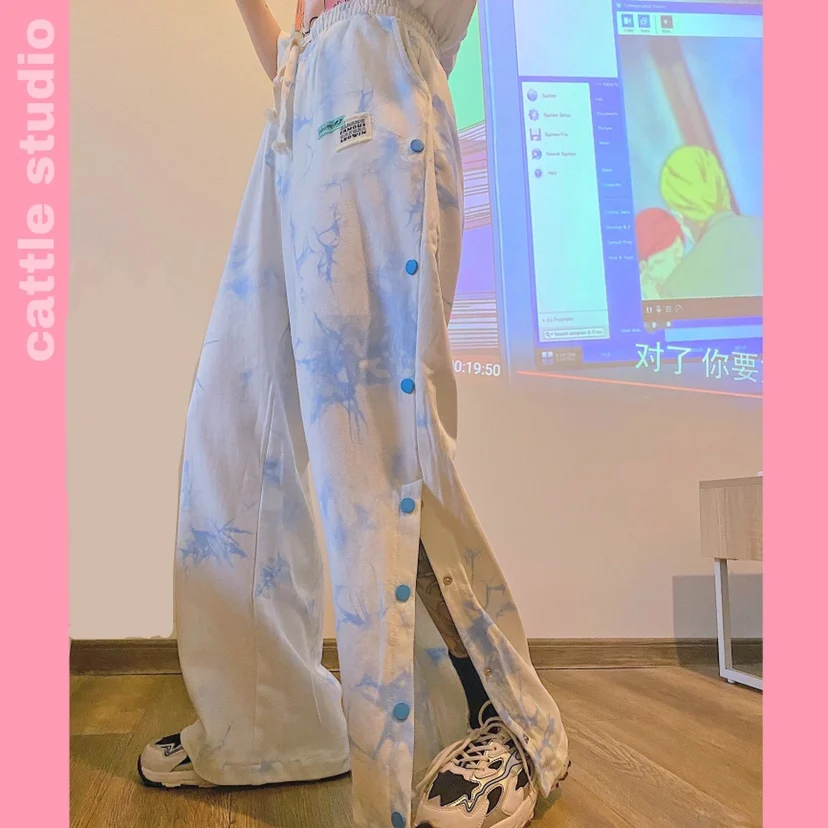 Tie Dye Print Long Pants Women 2021 Casual Loose Straight Pants Elastic Waist Streetwear Split Button Trousers Hip Hop Pants