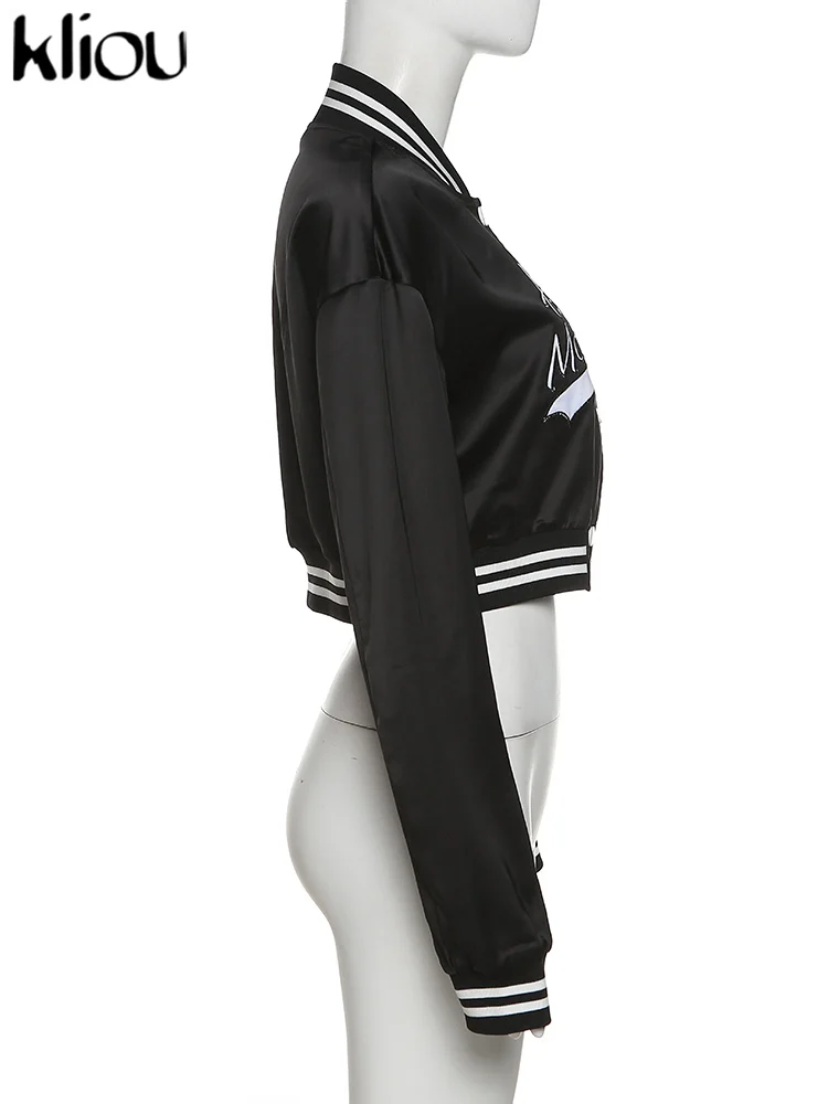 Description Picture 3 of itemKliou Letter Embroidery Short Baseball Jacket Women Fashion Casual Slim Vintage Cropped Coat Lady Classic Streetwear Clothing