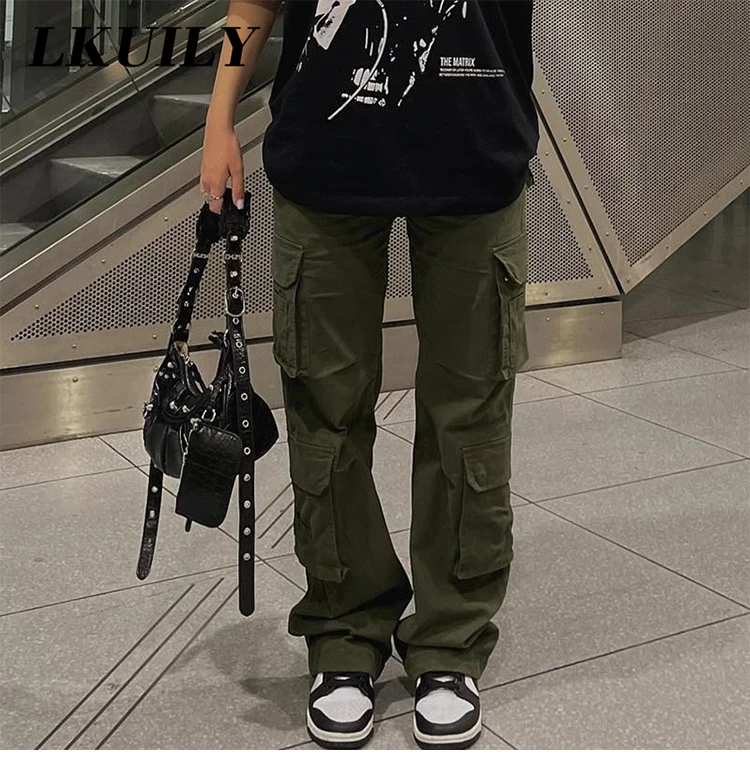 Description Picture 3 of itemVintage Y2k Cargo Pants Baggy Jeans Women Fashion 90s Streetwear Pockets Wide Leg High Waist Straight Denim Trousers Overalls