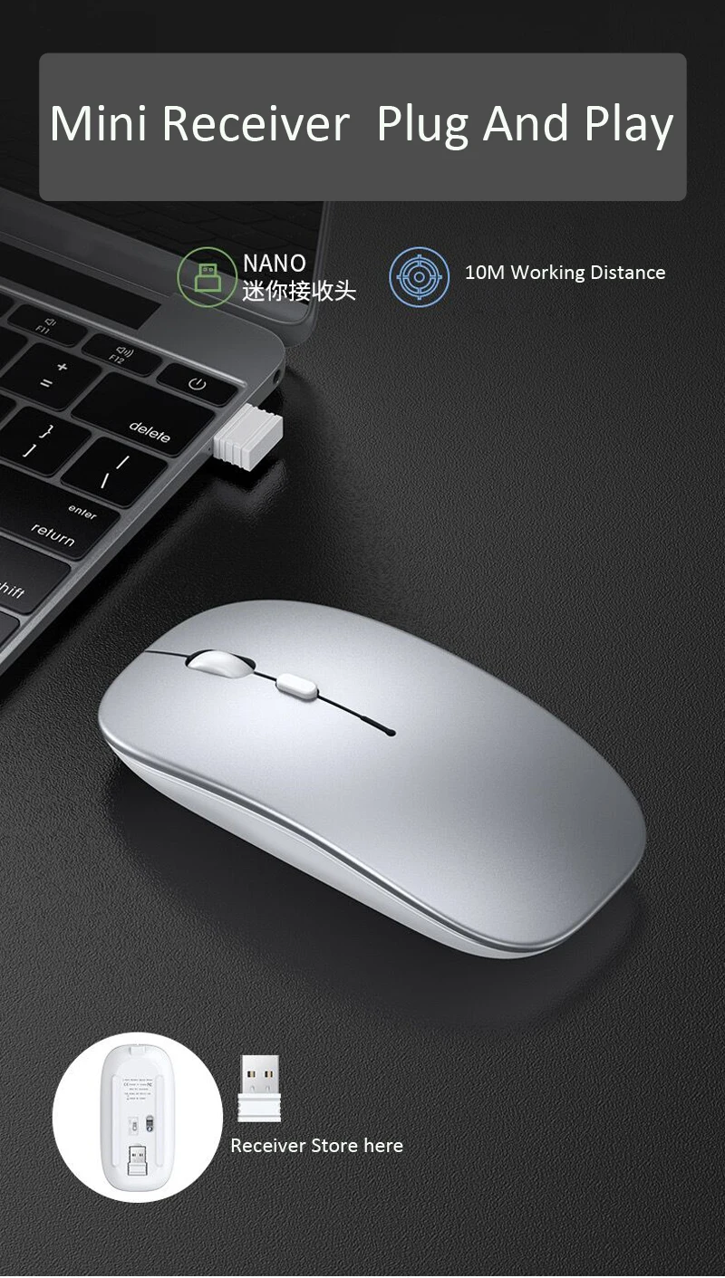 Description Picture 6 of itemErilles Rechargeable Optical Wireless Mouse Slient Button Ultra Thin Mini Optical Ultrathin USB 2.4G Mice for Computer Laptop PC