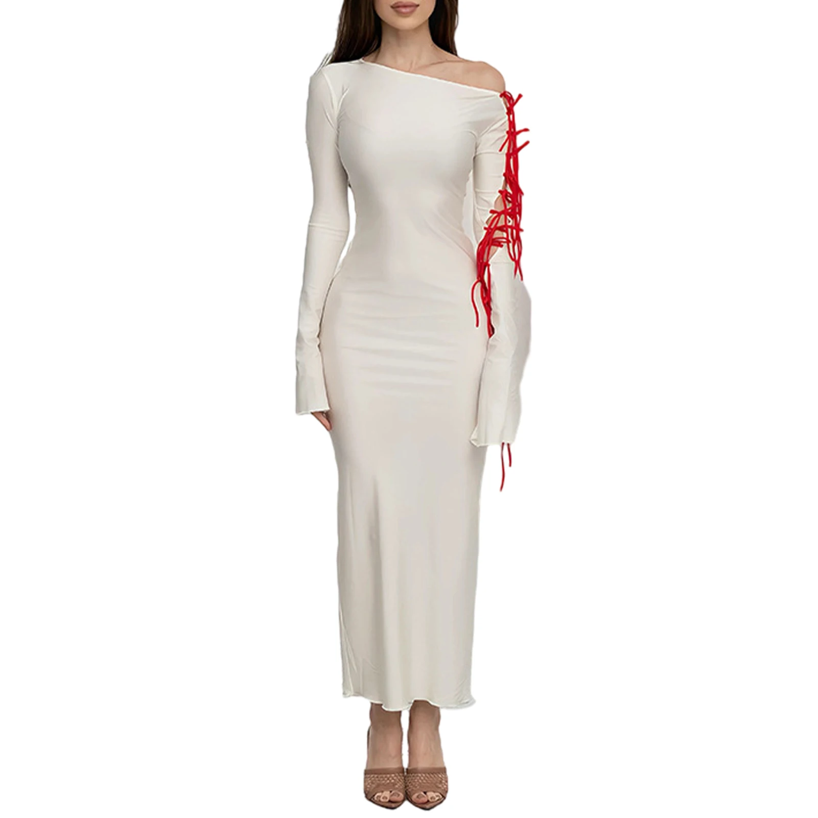 Description Picture 6 of itemWomen One Shoulder Dress Slim Fit Flared Sleeve Dress Solid Color Bodycon Maxi Dress Off Shoulder Dress Club Party Dress