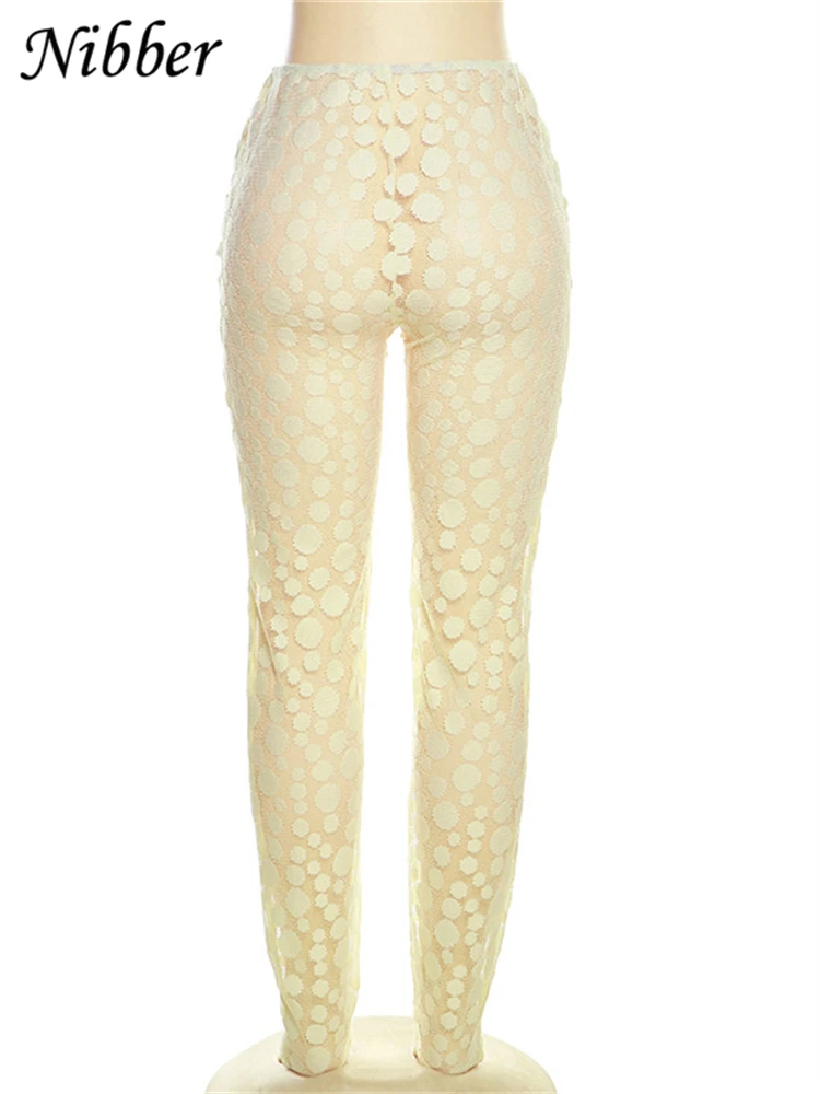 Description Picture 5 of itemNibber Embroidered Mesh Dots Leggings Women See Through Mid-waist Stretch Pants Skinny Ladies Trousers Elastic Streetwear Bottom