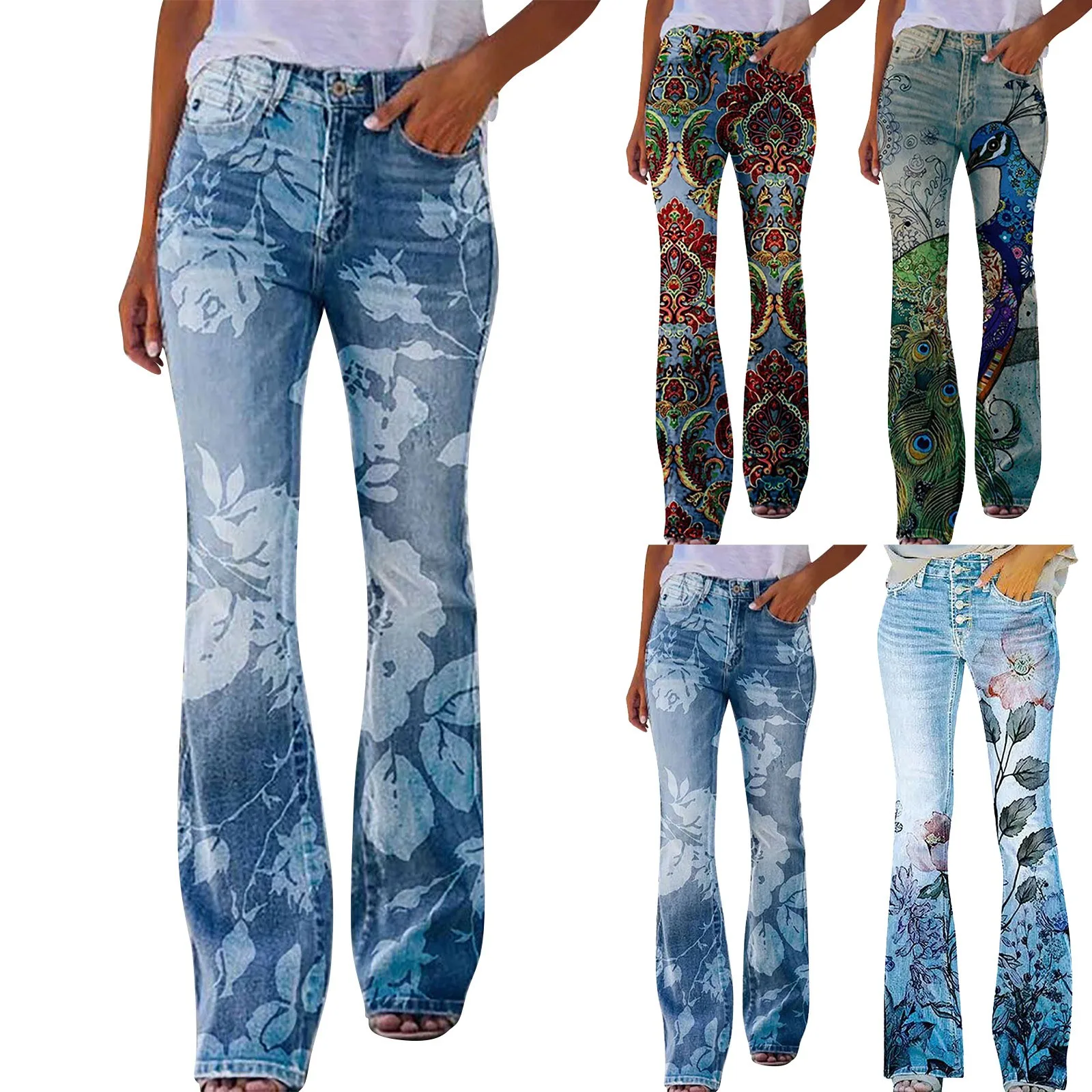 Description Picture 2 of itemFashion High Waist Flared Pants For Women Summer New Printed Pockets Ladies Casual Loose Straight Leg Trousers Streetwear