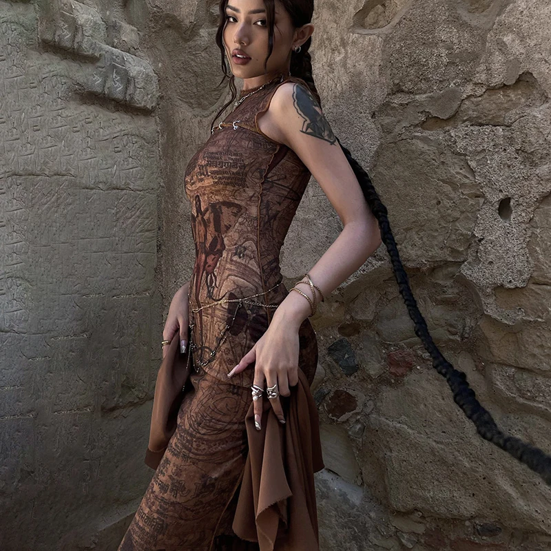 BUILDINGB Melade Vintage Round Neck Sleeveless Skeleton Metal Button Slim Long Women'S Elegant Career Prom Comfortable Streetwea