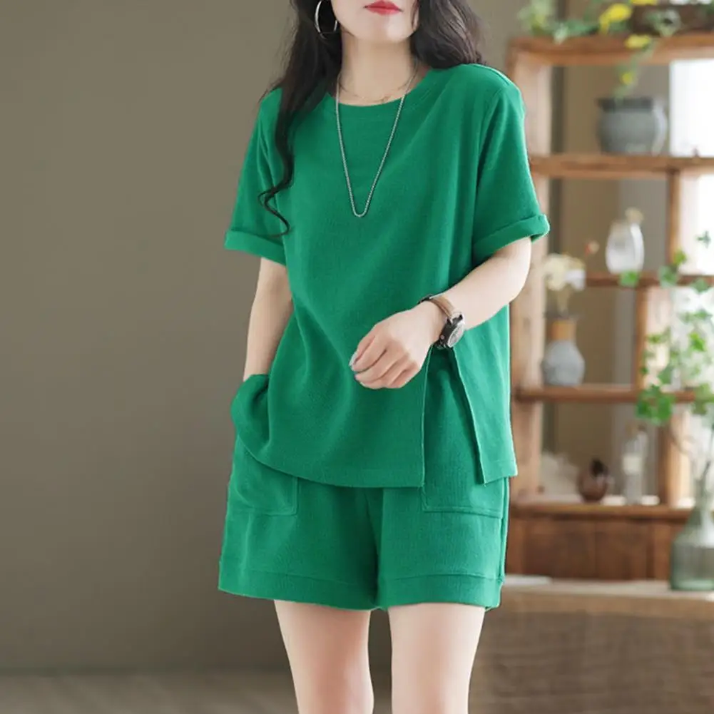 Description Picture 5 of itemCasual Shorts Set Solid Color Simple Style with Pocket Extra Soft Polyester Women Summer Shirt Shorts Suit Streetwear for Girl