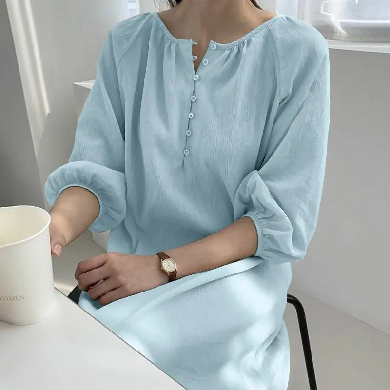 Description Picture 3 of itemCasual Loose Dresses Women 3/4 Sleeve Long Dress 2023 Spring Fashion Round Neck Vestidos ZANZEA Holiday Solid Color Midi Robes
