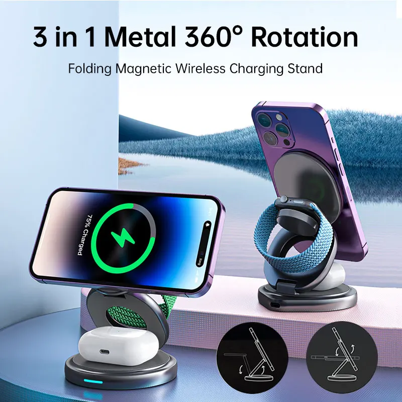 Foldable 30W Magnetic Wireless Charger Stand For iPhone15 14 13 12 Pro Max Apple Watch Airprods Pro 3 in 1 Fast Charging Station