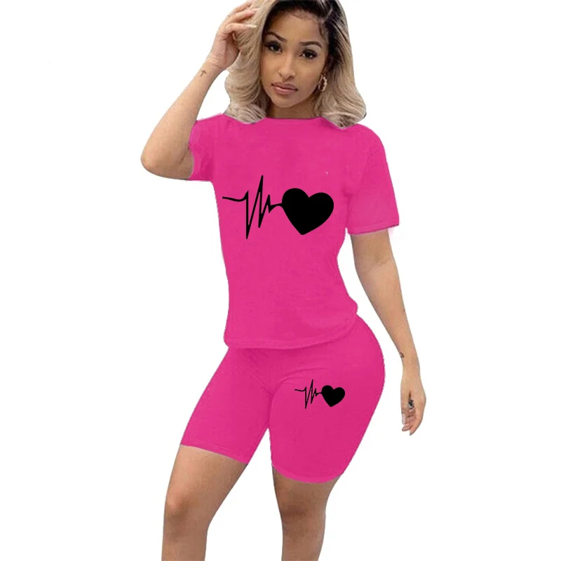 Summer New Women Fashion Solid Color Print 2 Piece Sets Casual Sports Suit Short Sleeve T-shirt + Shorts S-3XL