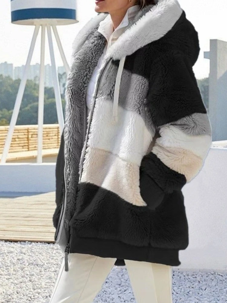 Womens Fuzzy Fleece Jacket Hooded Zipper Color Block Soft Full Casual Faux Fur Patchwork Long Sleeve Outerwear Coats with Pocket