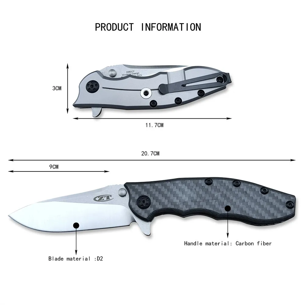 Description Picture 2 of itemZero Tolerance ZT0562 Hinderer Slicer Folding Knife D2 Blade Carbon Fiber Handle Hunting Outdoor Survival 0562CF Pocket Knife