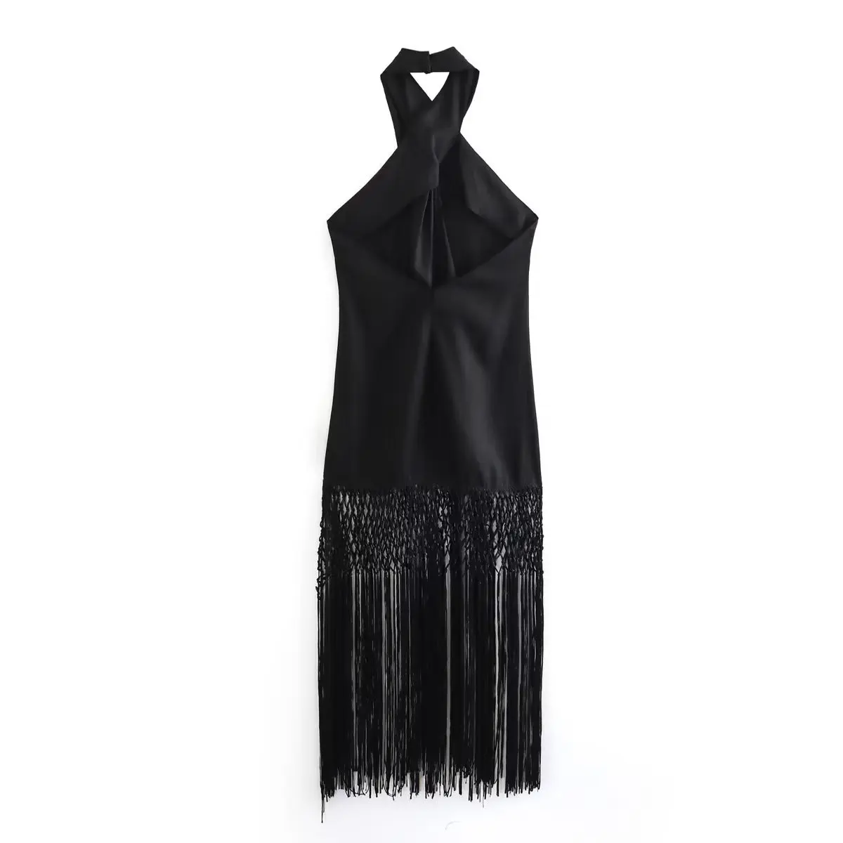 Description Picture 3 of itemTRAFZA Summer Sexy New Halter Dress Women Black Tassel Backless Sleeveless Female Chic Dresses Fashion Beach Long Lady Vestidos