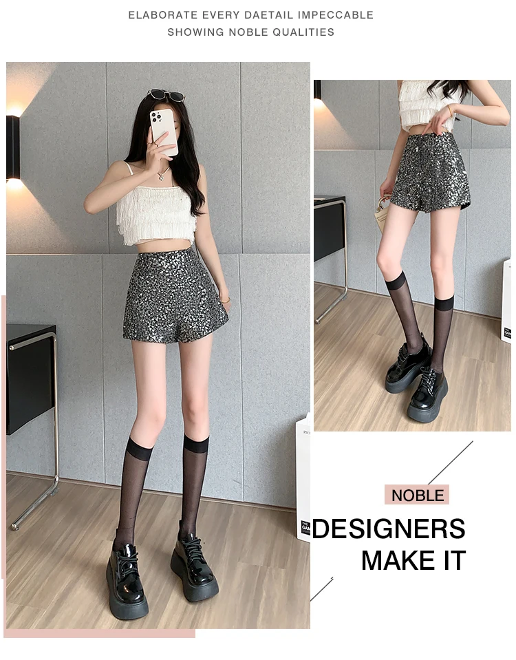 Description Picture 3 of itemFashion Harajuku Y2k A Line Zipper Up Korean Summer Sequin Hot Shorts Women 2023 New Design Sense High Waist Short Pants Female