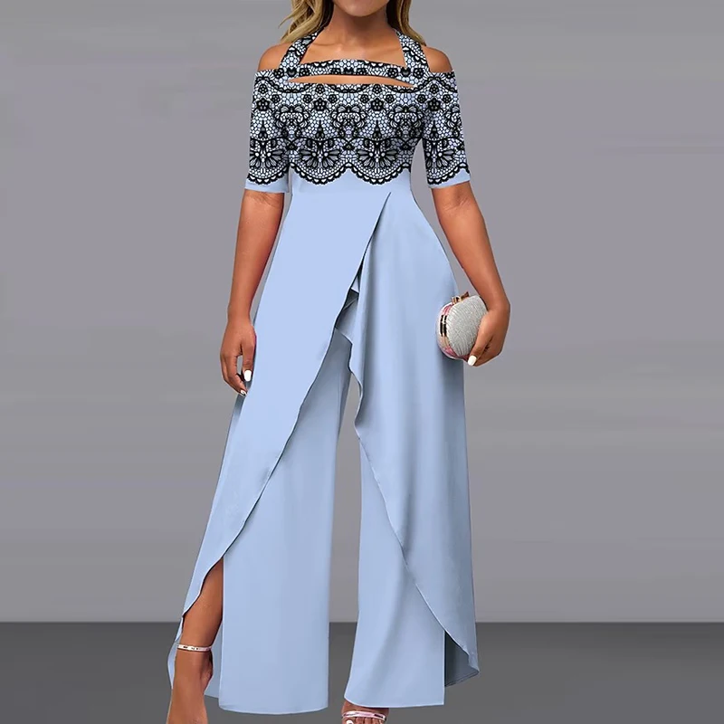 Description Picture 5 of itemFashion Sexy Off-shoulder Printed Wide-leg Pants Jumpsuit Streetwear Casual Mid Waist Hollow Out Summer Elegant Straight Rompers