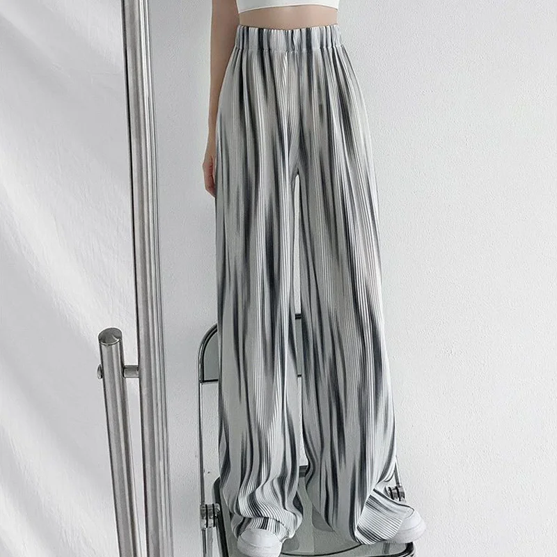 Korean Streetwear Harajuku Tie Dye Thin Ice Silk Straight Wide Leg Pants Women's Summer Casual Loose High Waist Pleated Trousers