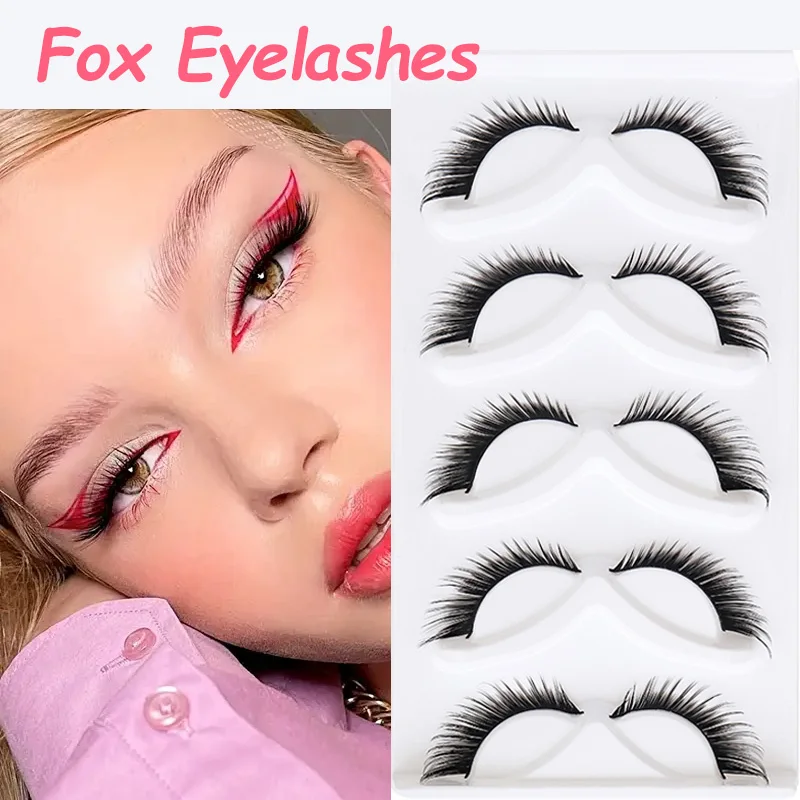 5Pairs Cat Eye Lashes Faux Mink Eyelashes Winged End Eye Elongated Eyelashes Fake Fox Eye Lashes Soft Natural Long Makeup Lashes
